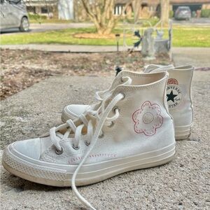 Converse White High Top Sneakers with Pink Flower Embroidery